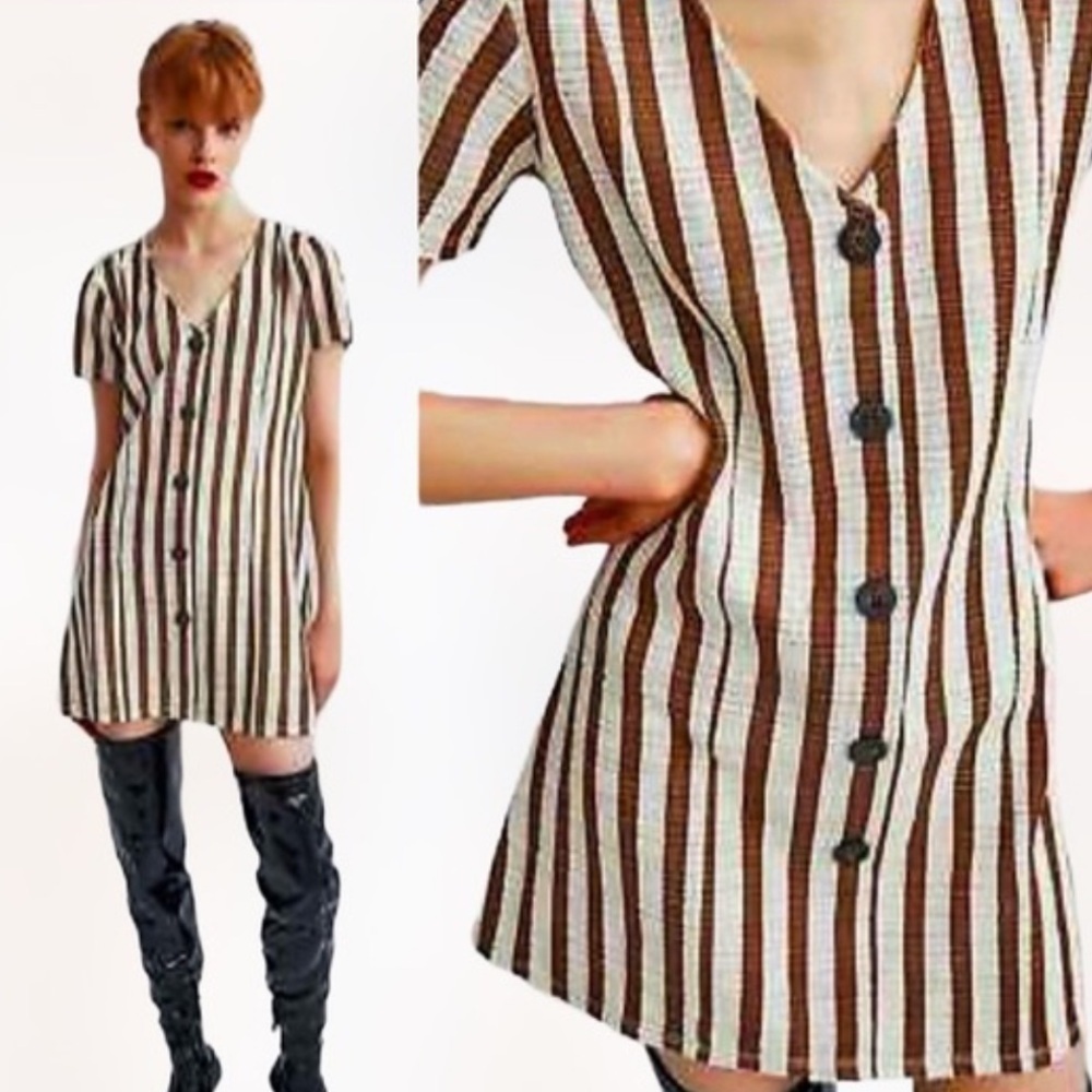 Zara Trafaluc Rustic Buttoned Tan and Brown Striped Mini Dress